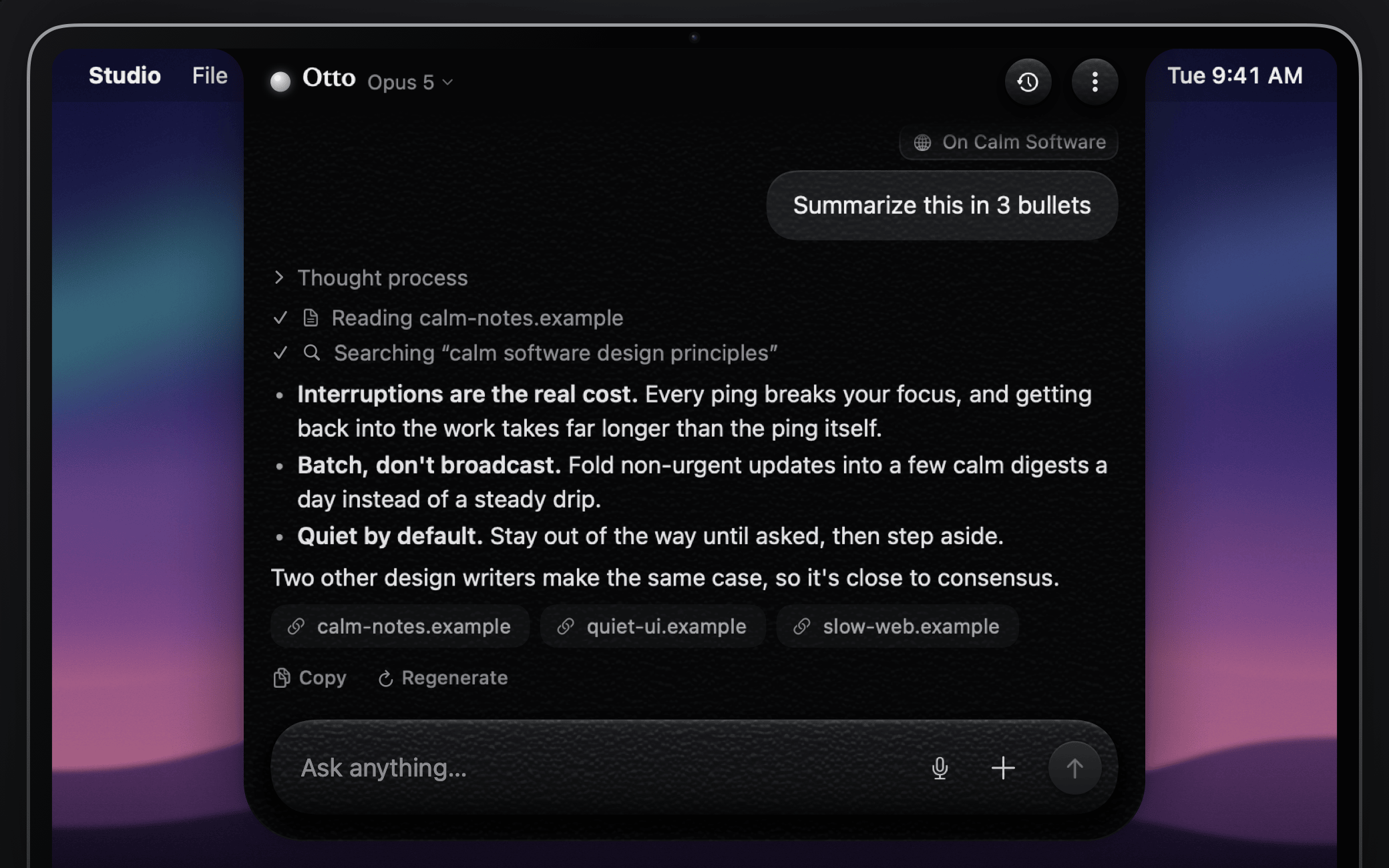 An answer in Otto with a collapsed thought process, a completed web search, a code block with a Copy button and source links