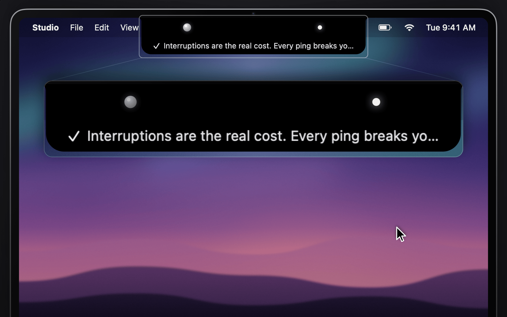 The MacBook notch with Otto tucked away inside it, a breathing orb and three equalizer bars showing a reply is still arriving